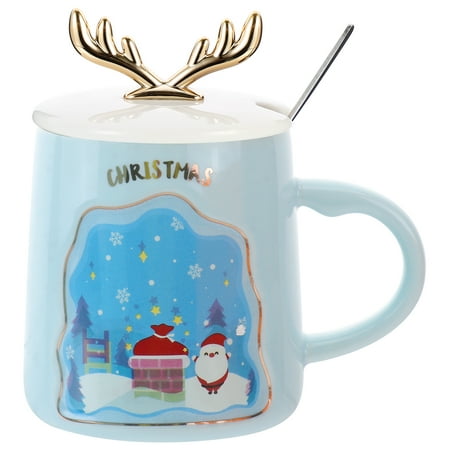

1pc Xmas Ceramic Water Cup Xmas Theme Pattern Water Mug with Lid and Spoon