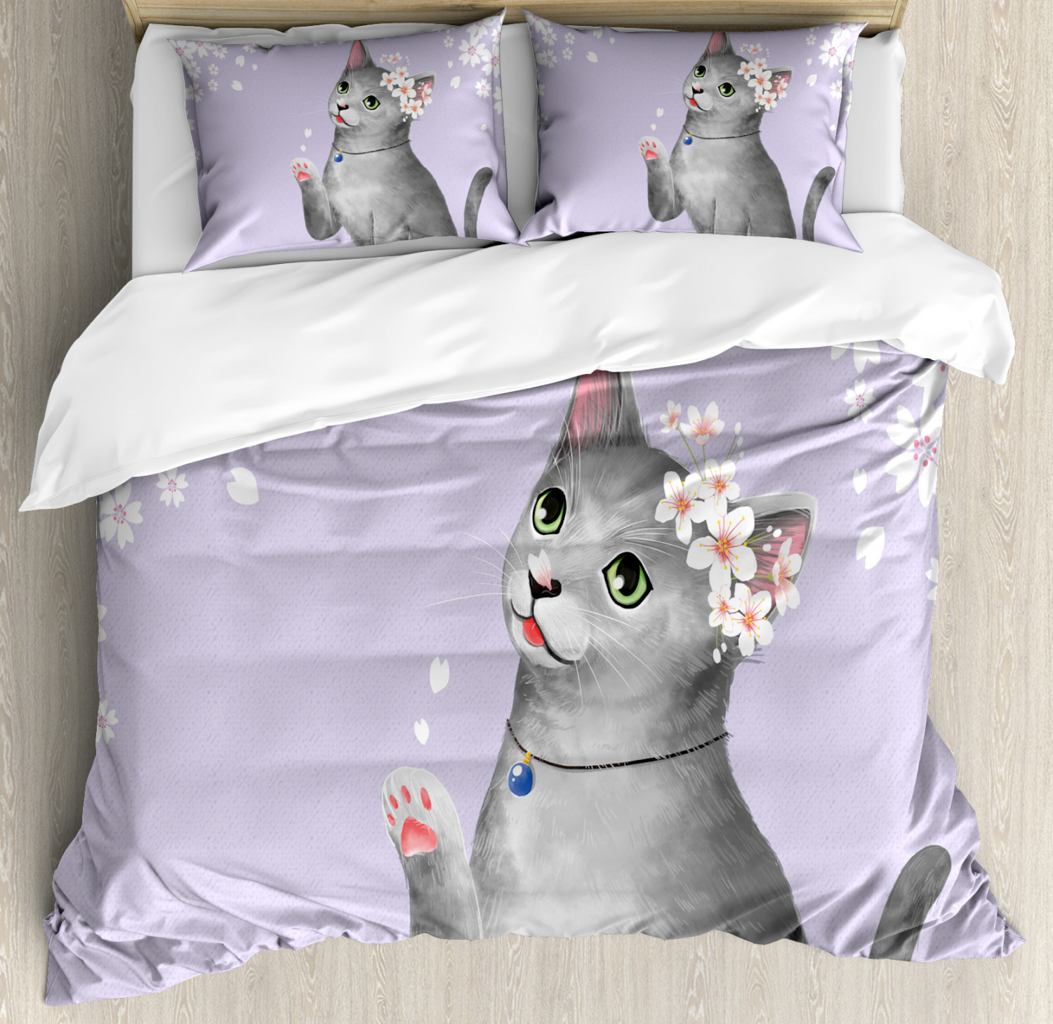 Cat Duvet Cover Set, Digitally Generated Cherry Blossoms and a Paw Raised Kitten Animal