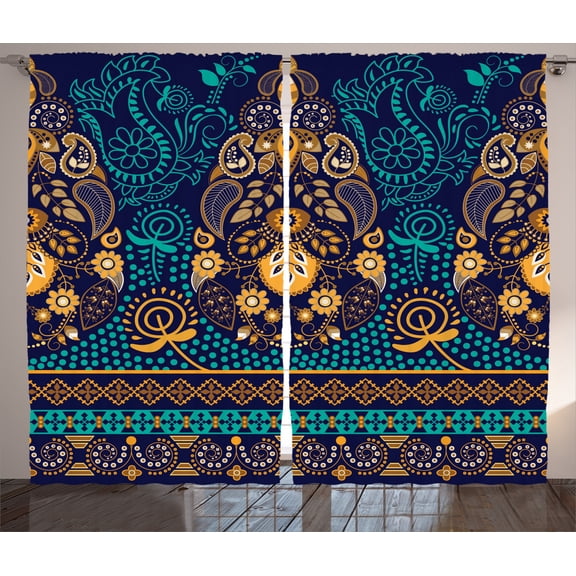 Ambesonne Paisley Curtains 2 Panel Set, Flowers and Dot, 108" x 90", Blue Earth Yellow