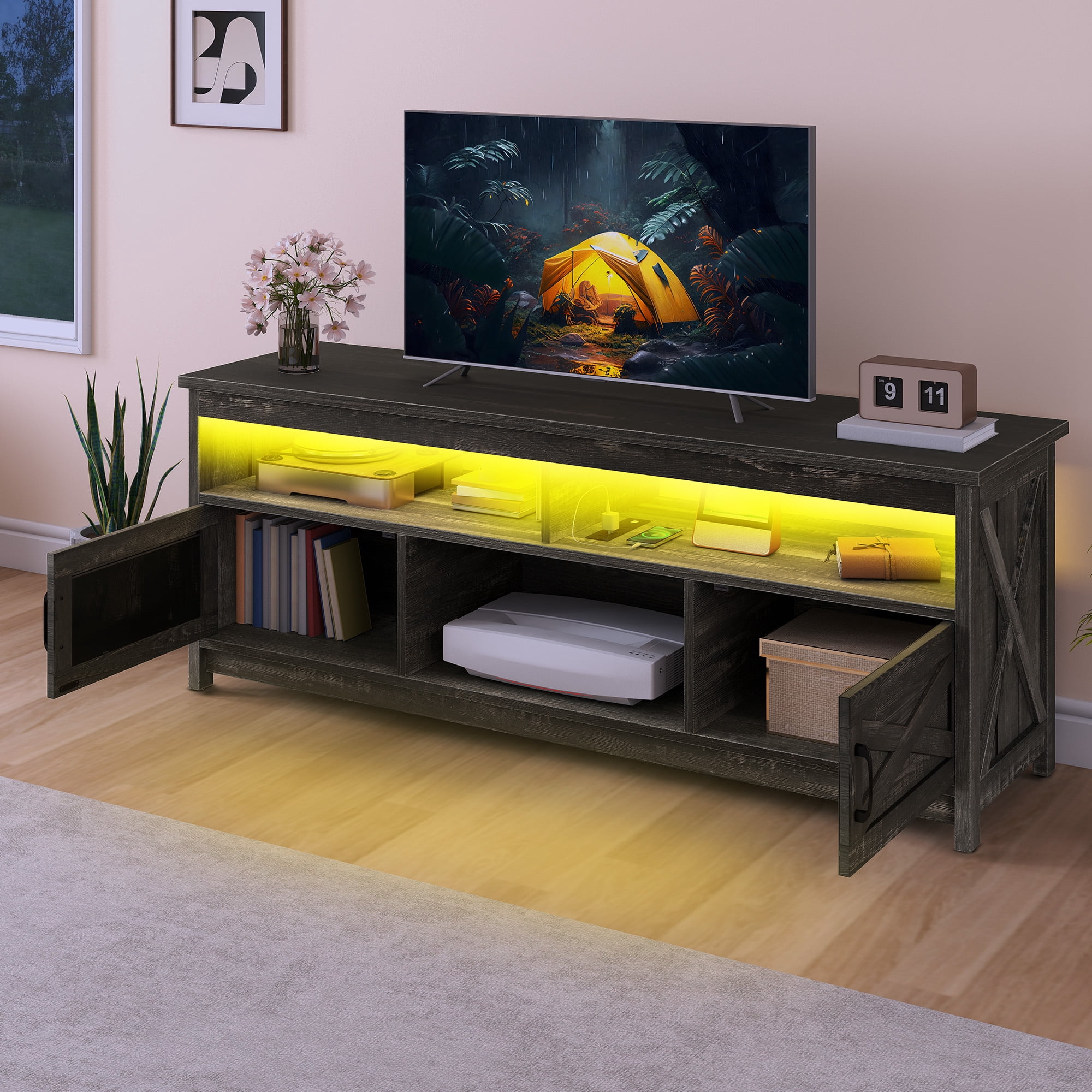 Uforic 65" Farmhouse TV Stand for 60/65 Inch TV with Power Outlet,Entertainment Center TV Console with LED Light, Dark Gray