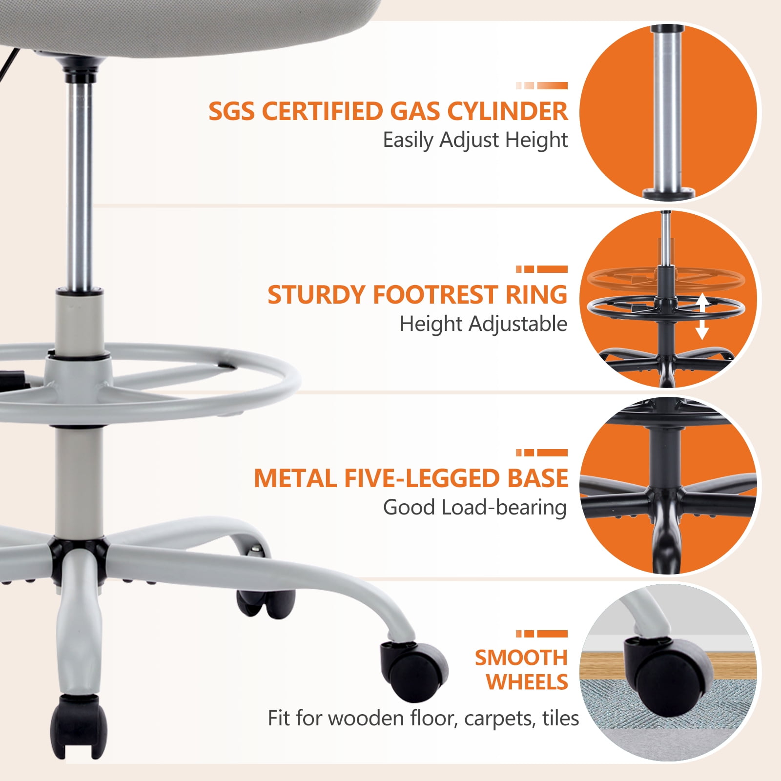 CONCETTA Ergonomic Desk Chair with Adjustable Foot Ring, Flip-up Armrests & Lumbar Support, Gray