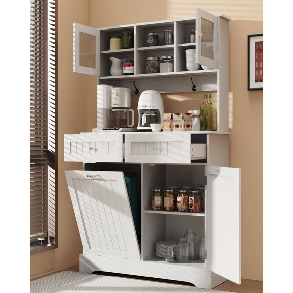 Tilt Out Trash Cabinet,Storage Cabinet,Two Solid Wood Hideaway Trash Holder Drawers,Wooden Freestanding Recycling Cabinets,Trash Can for Kitchen,White