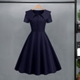 thumbnail image 4 of Quixlent Retro Women Dress Turn-down Collar Shortn Sleeves A-line Big Swing Buttons Slim Fit Solid Color 50s Ball Prom Midi Dress, 4 of 8