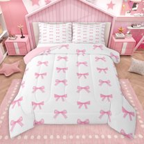Manfei Pink Cute Ribbon Bedding Comforter Set, Dreamy Cartoon Bowknot Bow Twin Comforter Sets, Teens Kids Boys Girls Reversible Bedding Set, Breathable Home Decor, 2-Piece