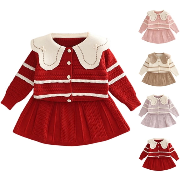 Auroural 2T Girls Clothes Fall and Winter Winter Girls' Knitted Sweater Set Children's Cardigan Two-piece Set Top And Skirt 1-2Years