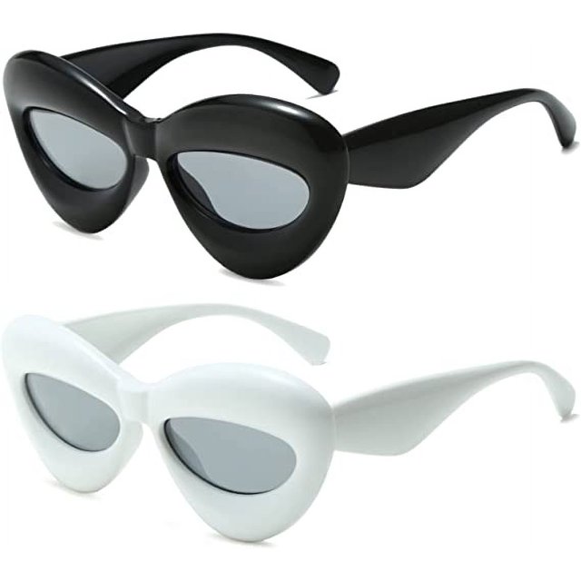 2 gafas de sol sexys con forma de labio (blanco y negro): gafas de sol únicas y lindas con forma de ojo de gato para mujer, montura gruesa, color caramelo, gafas de sol punk geniales y novedosas UV400