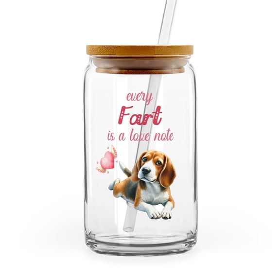 Every Fart is Love Note Beagle Guilty Face Happy Valentine's 16oz Glass Cup Mug Beagles Dog Lover Gifts Idea Glass Can with Bamboo Lid and Straw - 01016