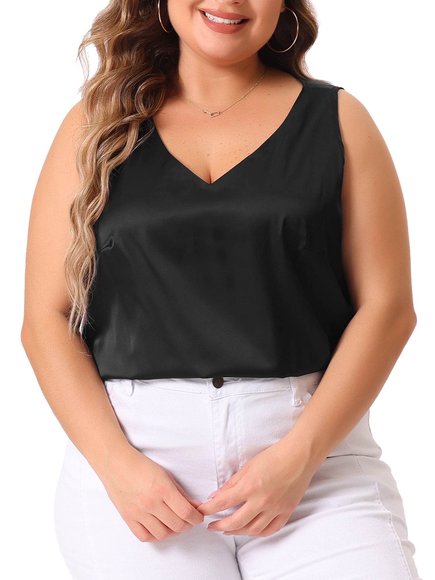 DARING DIVA Women's Plus Casual Silk Satin Tank Top V Neck Cami Blouse 1X Black