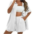 thumbnail image 2 of pstuiky Womens Pajamas Shorts Set Oversized Solid Color Breathable Pajama Set Casual Loose Fit Collared Short Sleeve Sleepwear with Shorts Women'S Loungewear Sets White S, 2 of 8