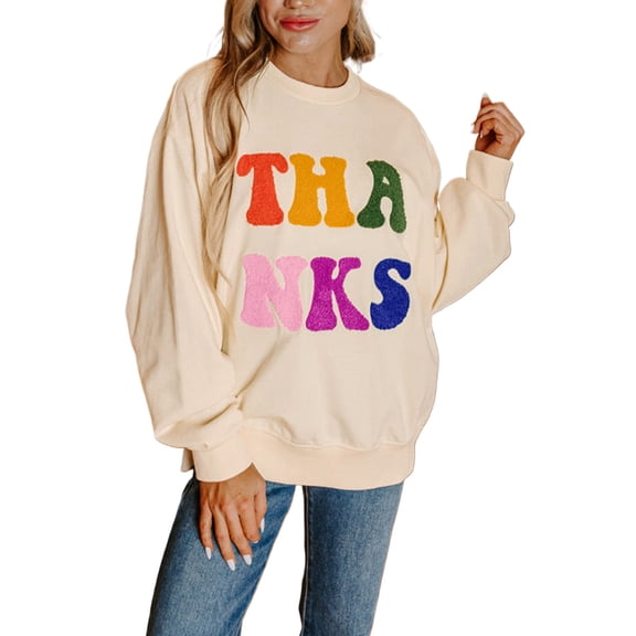 Thanks Chenille Embroidered Graphic Apricot Sweatshirt | [ZhiHiMeRi] | (US 12-14)L