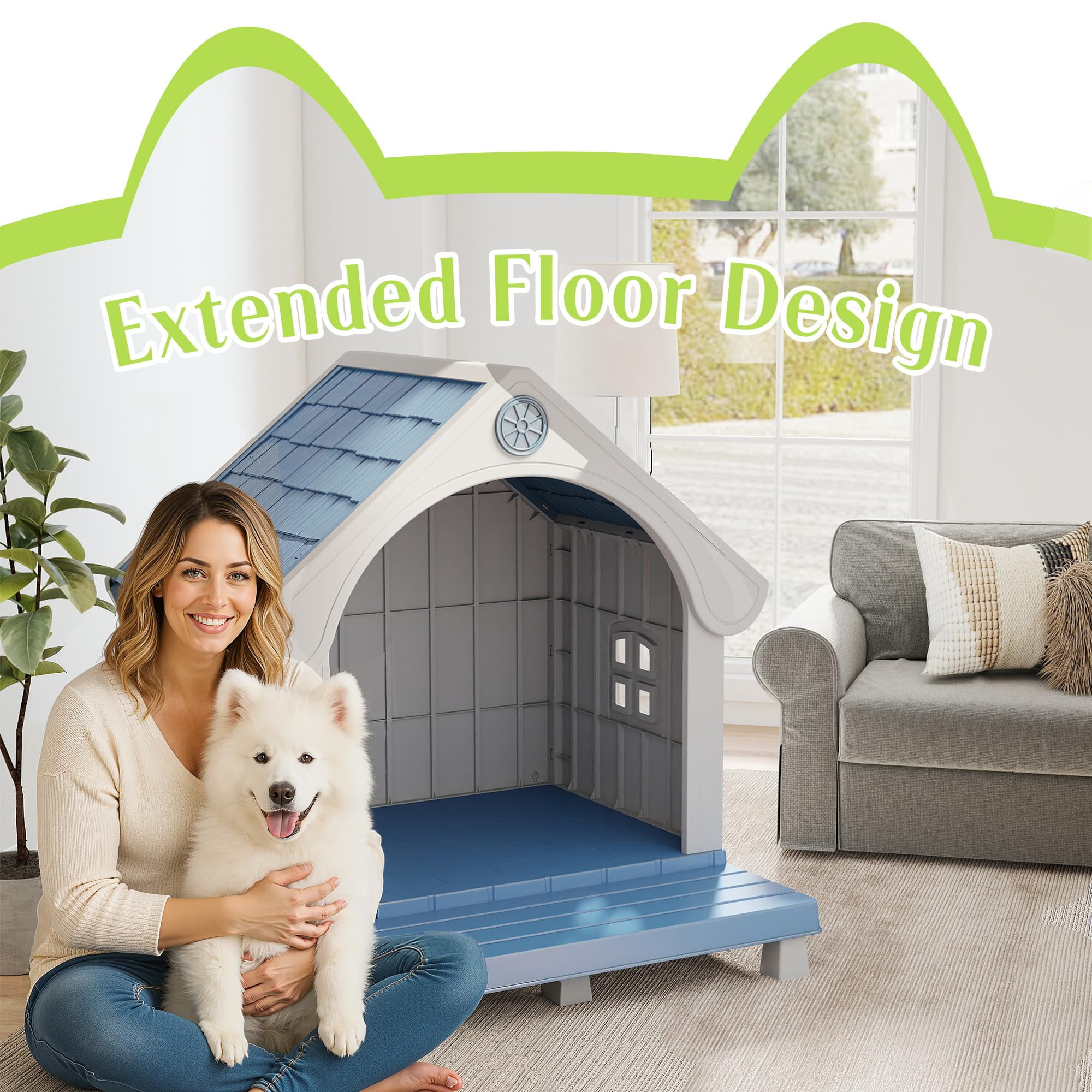 EasyUp Dog House Resin Dog Kennel with Cute Elegant Design & Extended Elevated Floor, Dog Houses for Large Dogs Outside Weatherproof for Indoor & Outdoor Use