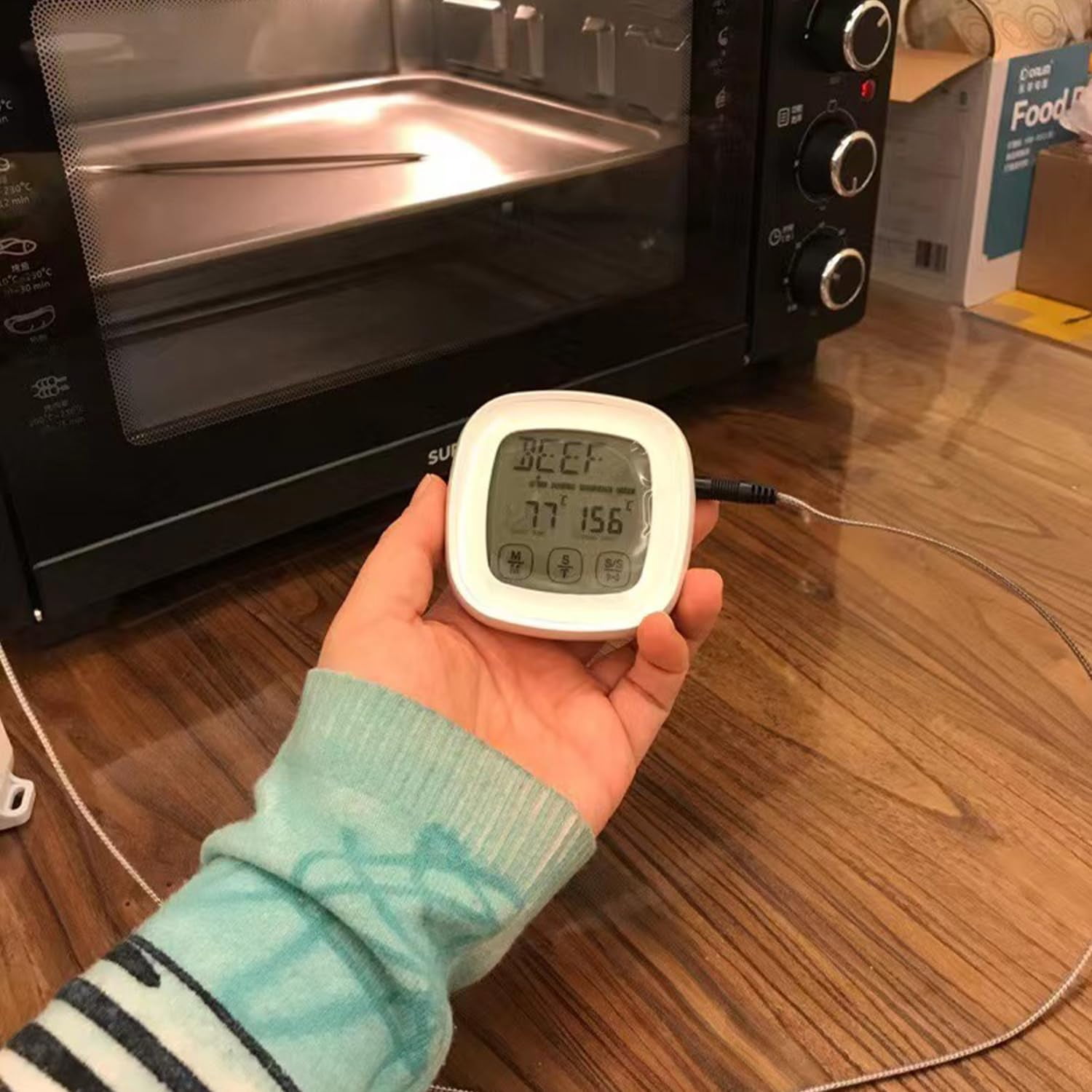 Digital Meat Thermometer, Food Thermometer for Oven Grill Kitchen, Thermometer for Cooking with 1 Stainless Steel Probe and Timer, Outdoor Kitchen Accessories