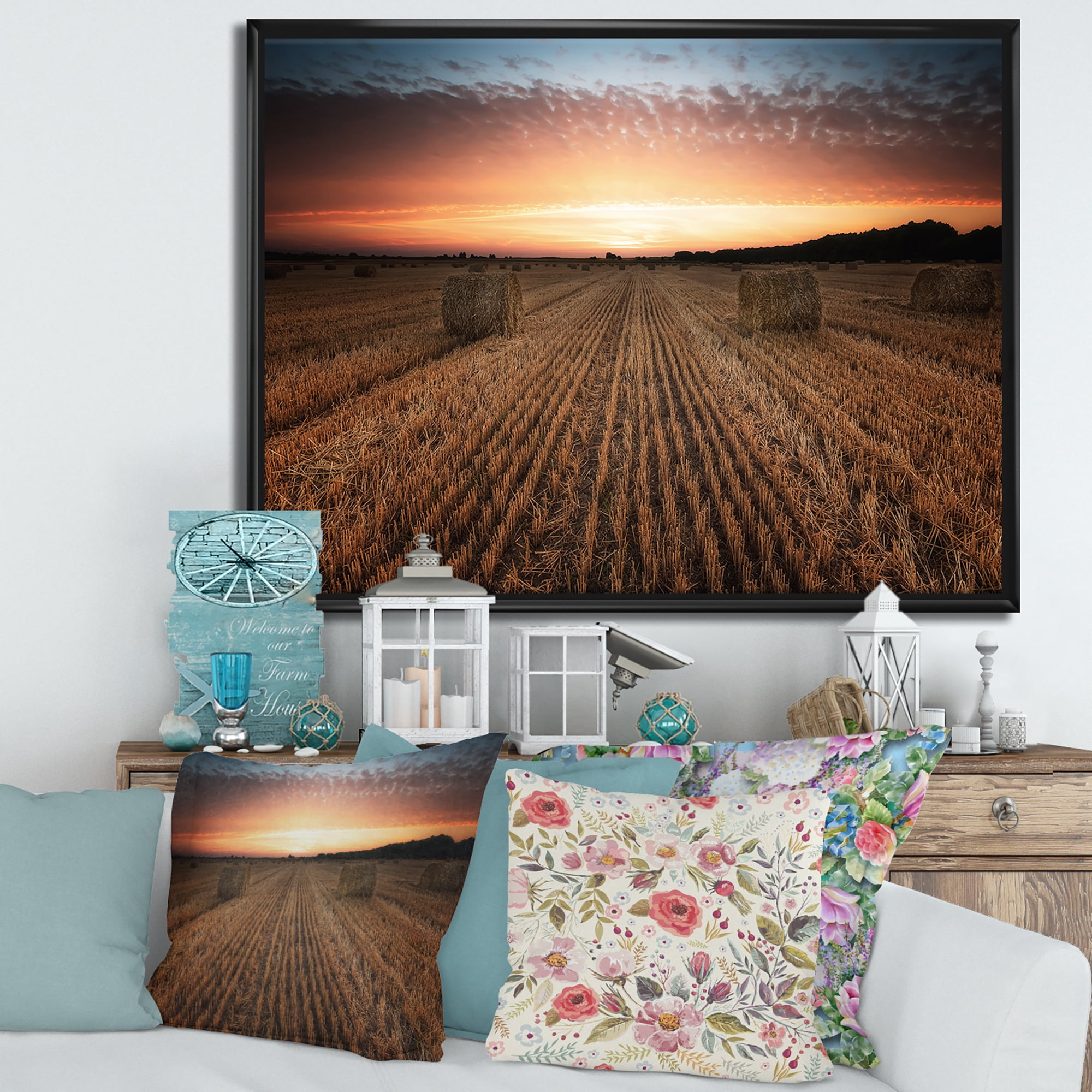 Designart 'A Field Full of Hay Bales At Sunset Landscape' Farmhouse Framed Canvas Wall Art Print