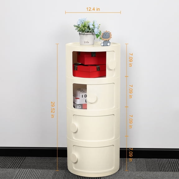 4-Tier Round Plastic Storage Cabinet, Cream White Cylindrical Nightstand with Drawers, Stackable 4-Drawer Organizer for Bedroom Living Room