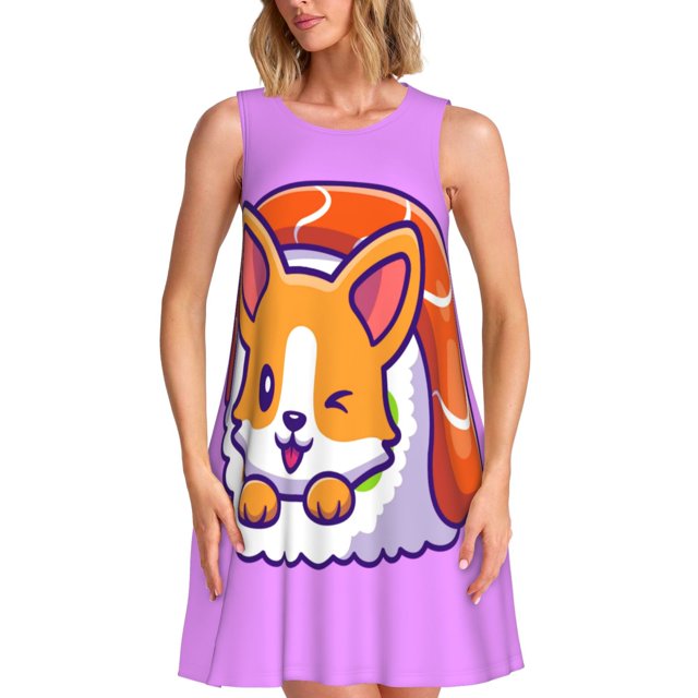 Disketp Corgi In Sushi Roll para Vestido sin Mangas para Mujeres, Vestidos de Verano para Mujeres, Casual y Holgado para la Playa