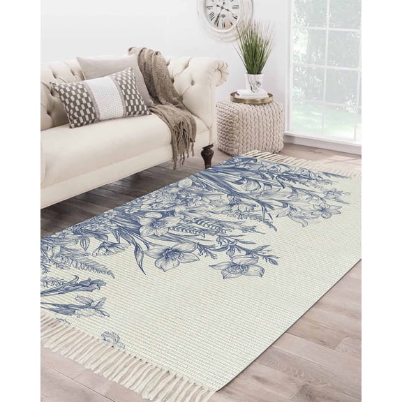 Wildflower Leaf Large Area Rug 4x6ft Woven Runner Rug,Blue Floral Botanical White Watercolor Washable Living Room Bedroom Kitchen Bathroom Classroom Carpet with Tassels,Indoor Outdoor Throw Door Mat