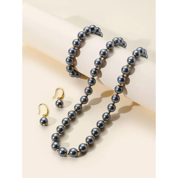 EOEMY 4Pcs/Set Dark Grey Faux Pearl Necklace Bracelet Earrings Jewelry Set Jewelry-Default