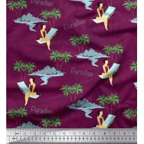 Soimoi Pink Crepe Silk Fabric Plam Tree,Chair & Girl Beach Print Fabric by the Yard 42 Inch Wide