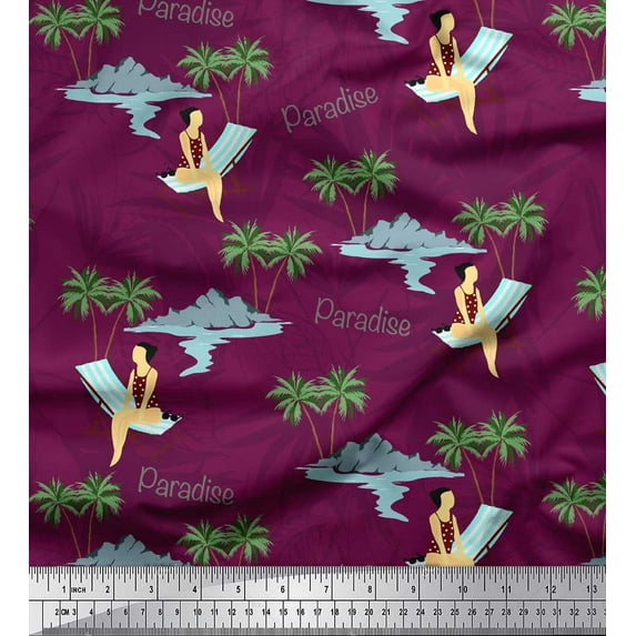 Soimoi Pink Crepe Silk Fabric Plam Tree,Chair & Girl Beach Print Fabric by the Yard 42 Inch Wide