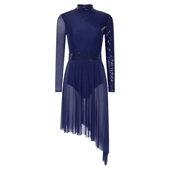 Raenseen Womens Lyrical Dance Dress Sequin Ballet Skirted Leotard Irregular Figure Skating Dress Navy Blue XXL