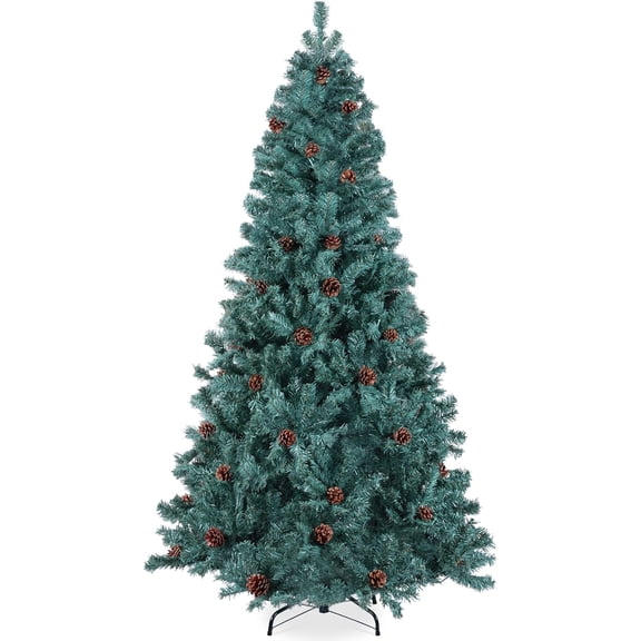 6ft Pre-Decorated Holiday Christmas Tree for Home, Office, Party Decoration w/1,000 Tips, Pinecones, Metal Base – Blue Spruce