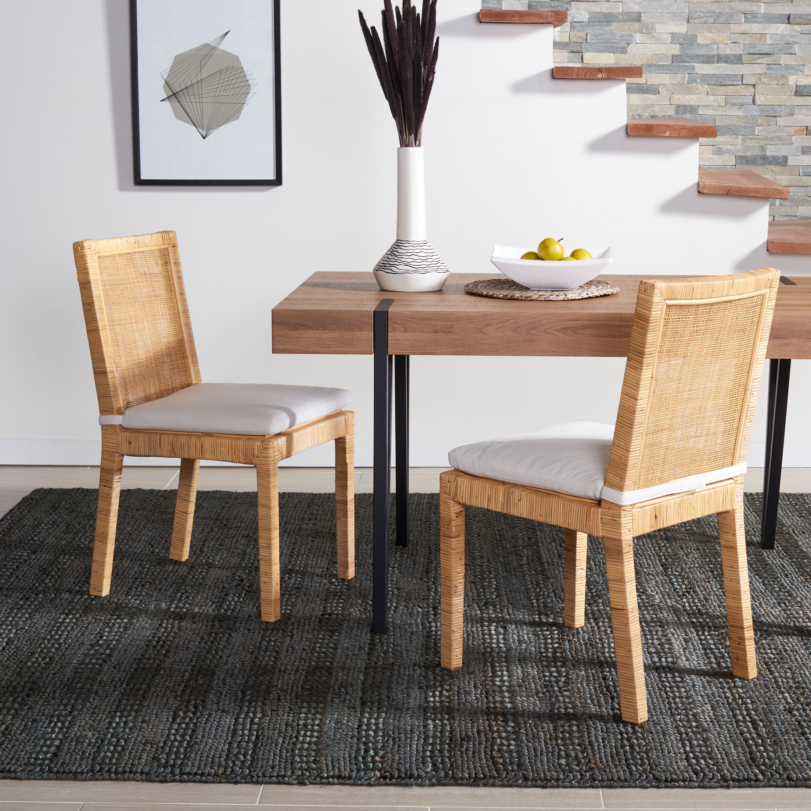 SAFAVIEH Tojo Cane Dining Chair with Cushion, Natural/White, Set of 2