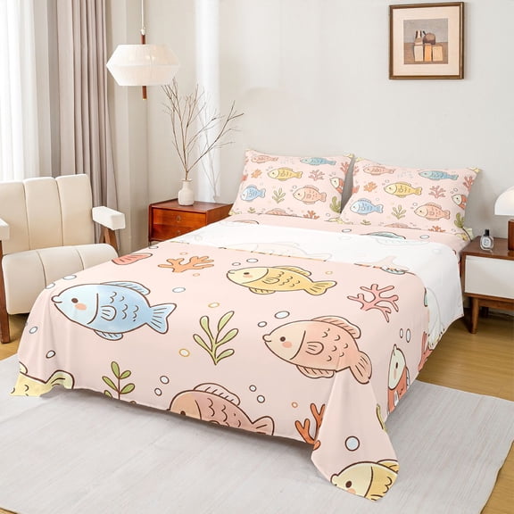 jejeloiu Cute Cartoon Fish Bed Sheets For Girls,Pastel Underwater Coral Full Size Sheets,Pink Blue Yellow,4pcs,1 Flat Sheet, 1 Fitted Sheet and 2 Pillowcases