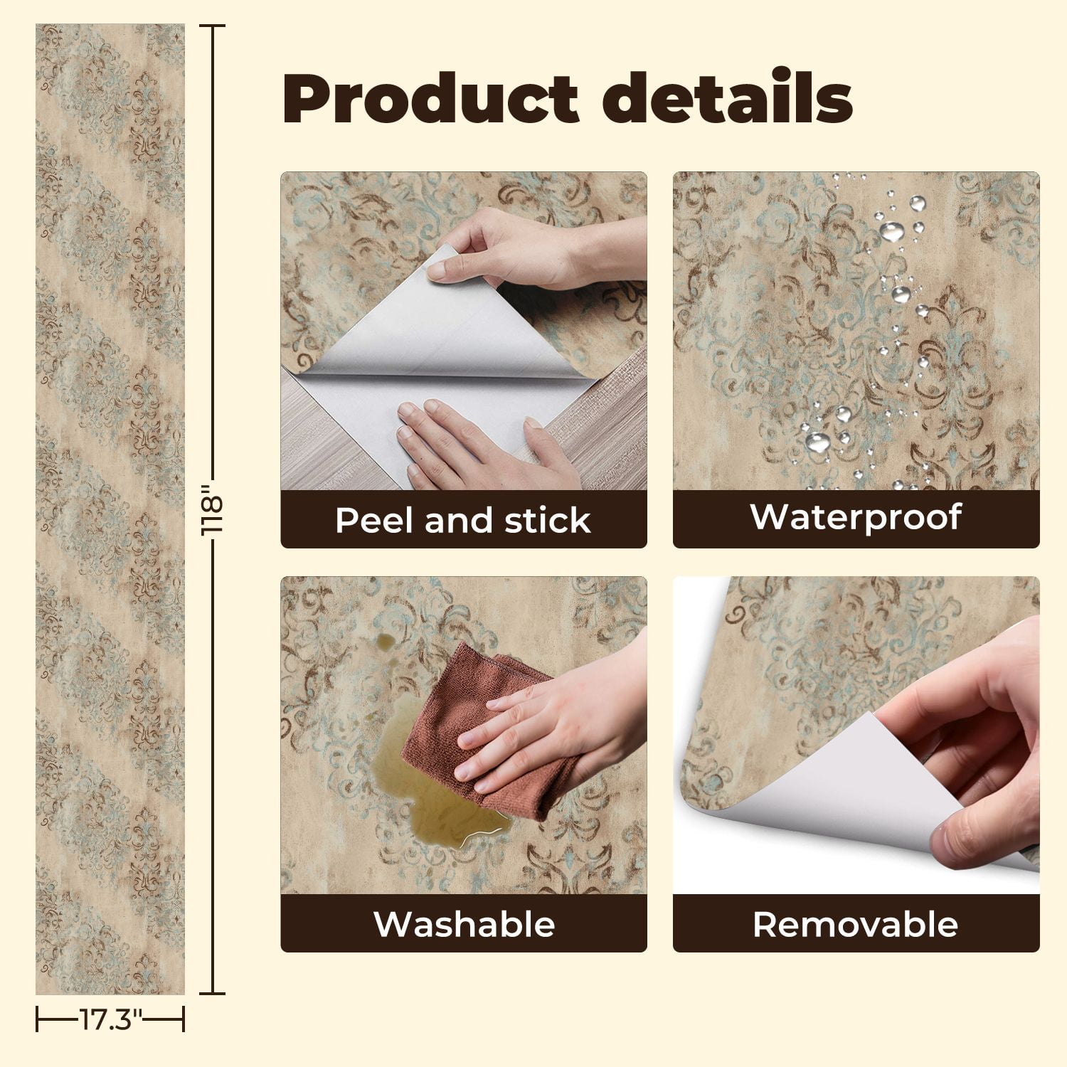 Boho Peel and Stick Wallpaper Vintage Damask Distressed Beige Blue Ornamental Design Contact Paper 17.7in x 9.8ft Wallpaper Removable Self Adhesive Wall Paper for Bedroom