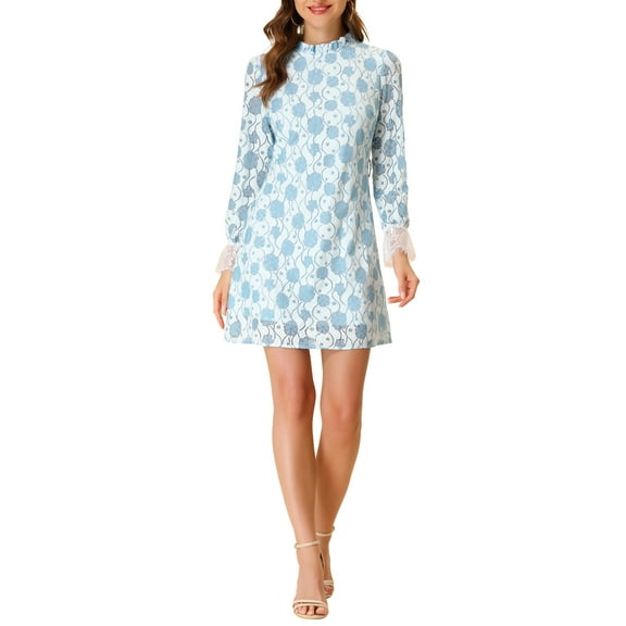 MODA NOVA Juniors Ruffle Crew Neck Long Sleeves Floral Lace Casual Mini Dress