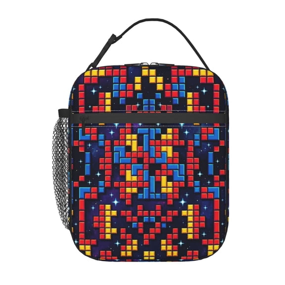 Colorful Puzzle Insulated Lunch Bag Reusable Lunch Box For Women Men Leakproof Thermal Meal Prep Tote With Clip-on Buckle Handle Side Mesh Pocket