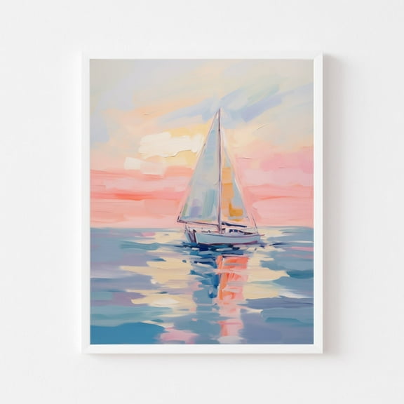 Kna Prints - Pink Sailboat Painting Sunset Art Print Coastal Wall Decor Beach House Summer Ocean Landscape Seashore, UNFRAMED-8x12
