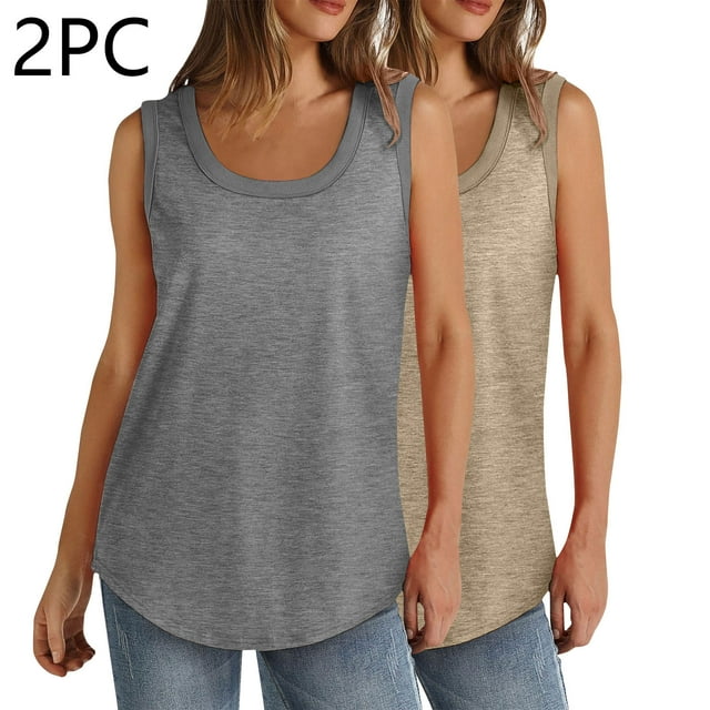 LOVZFMLL Camisoles pour Femmes 2 Pcs Été Femmes Couleur Unie Col Rond Sans Manches T-Shirt Décontracté Camisole