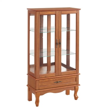 Display Cabinet With Glass Doors And Lights, Wine Cabinet Display Cabinet With Adjustable Glass Shelves, 2 Doors, And 1 Drawer, Lighted Glass Cabinet For Home Office