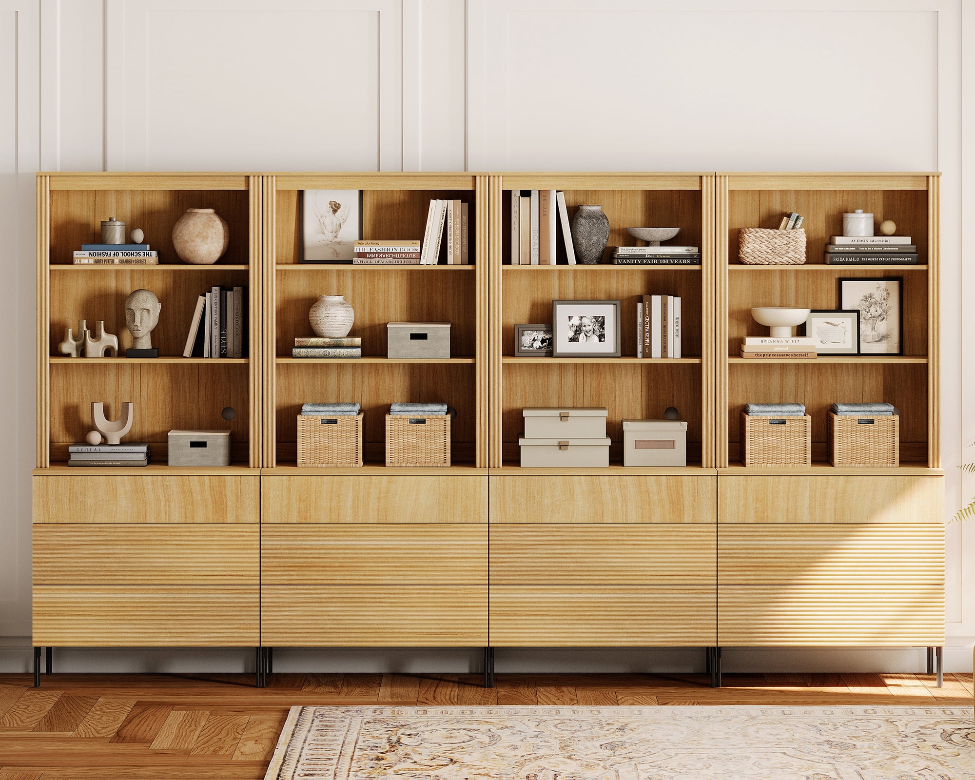 71.6"H X 126"W Set Of 4 Bookcase with Storage Cabinets, 12 Tier Bookshelf with Fluted Drawers and Adjustable Shelves, Large Modern Display Cabinet For Living Room Bedroom Home Office Kitchen
