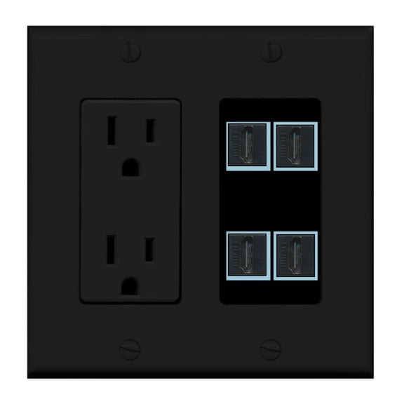 Ultra Spec Cables 4 Port Custom Keystone Wall Plate w/DecorZ Power Outlet Black