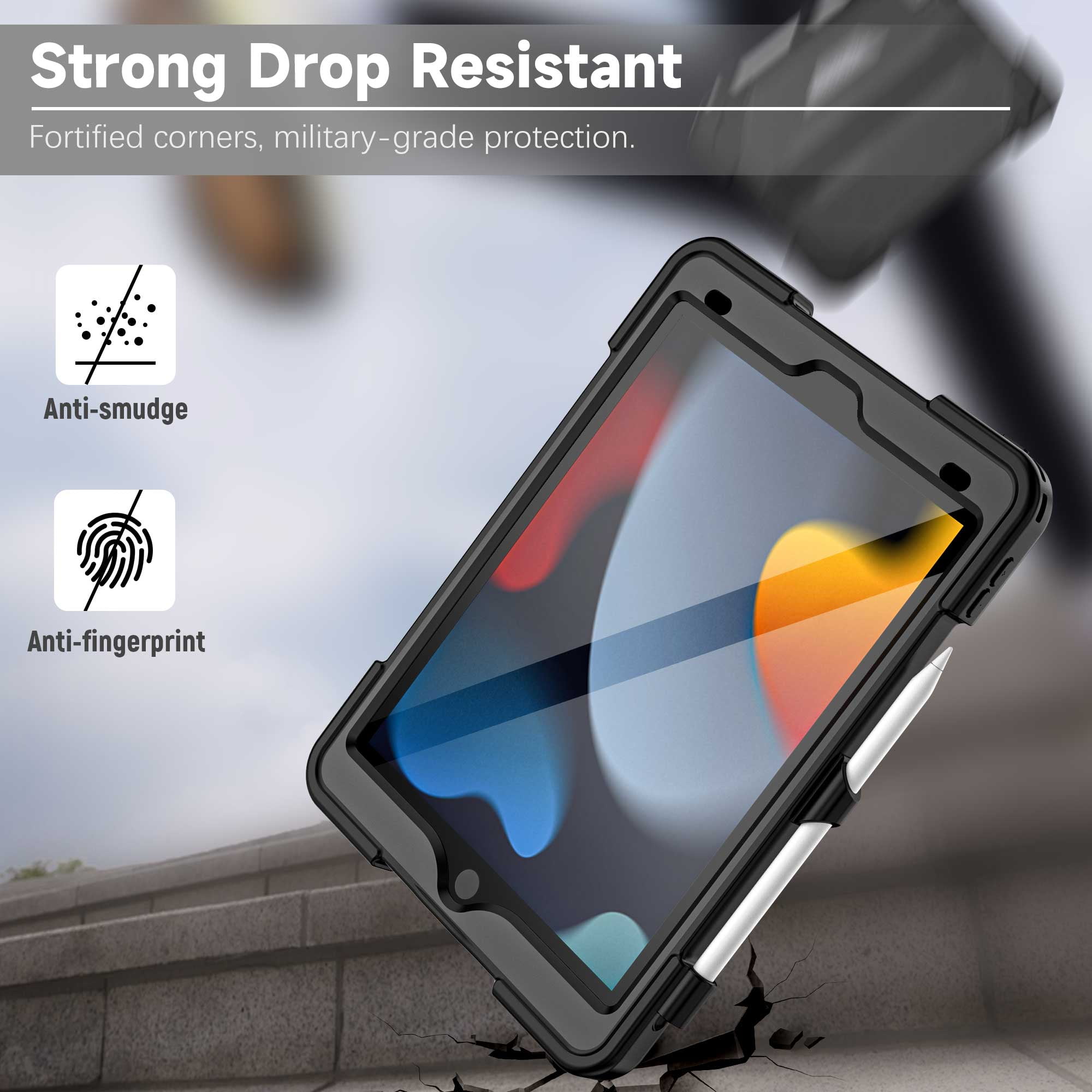 Dteck Full Body Protective Case for iPad 9th 8th 7th Generation,Shockproof TPU+PC Case Built-in Screen Protector Kickstand Hand Strap Cover with Pencil Holder for iPad 10.2" 2021/2020/2019,Black