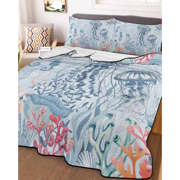 King Quilt Bedding Set, Watercolor Coral Blue Walrus Small Fish Lightweight Coverlet Summer Comforter Set Soft Microfiber Bedspread, Retro Marine Life 3 Piece Quilt Set with 2 Pillow Shams
