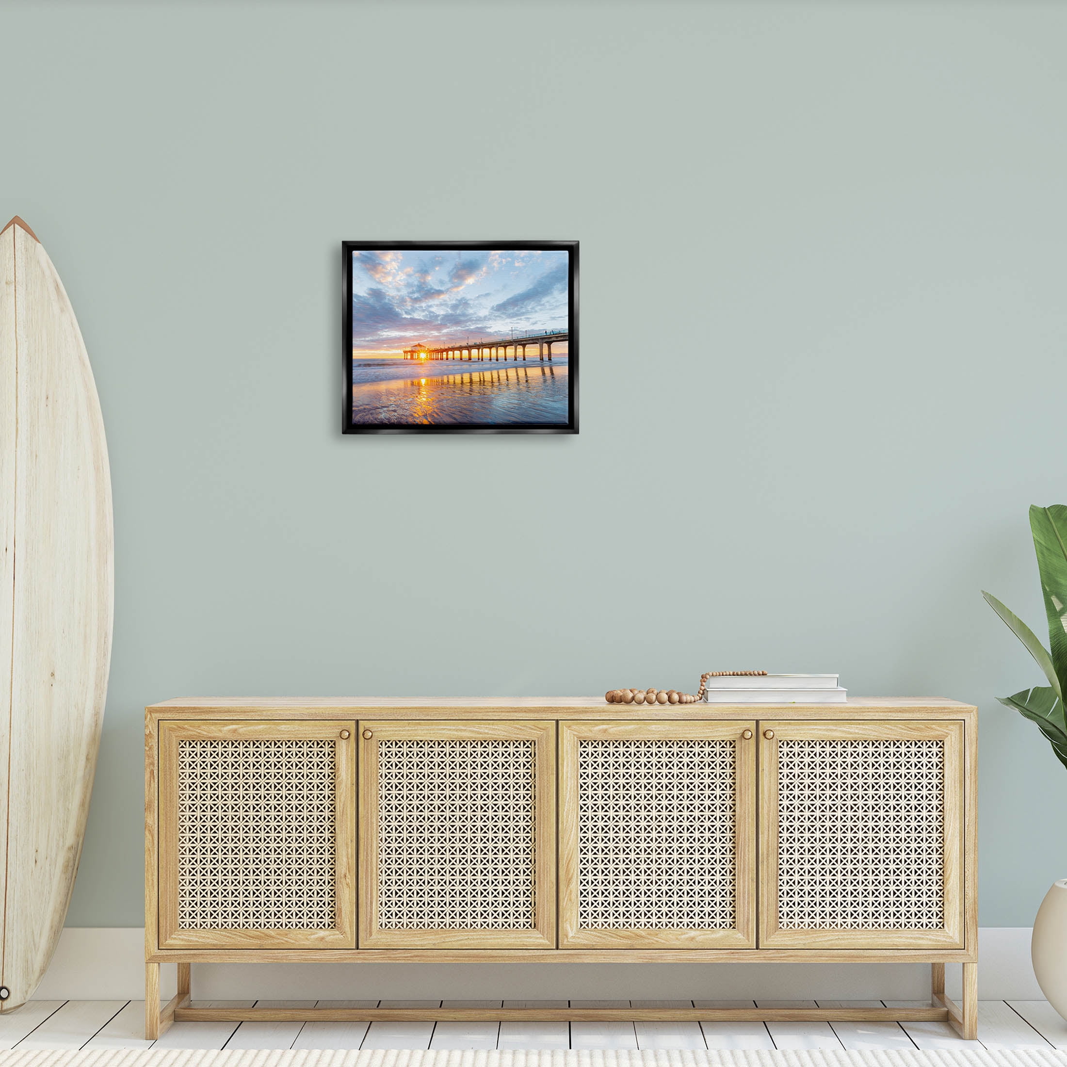 Ocean Pier Sunrise Reflection Coastal Photograph Jet Black Framed Art Print Wall Art