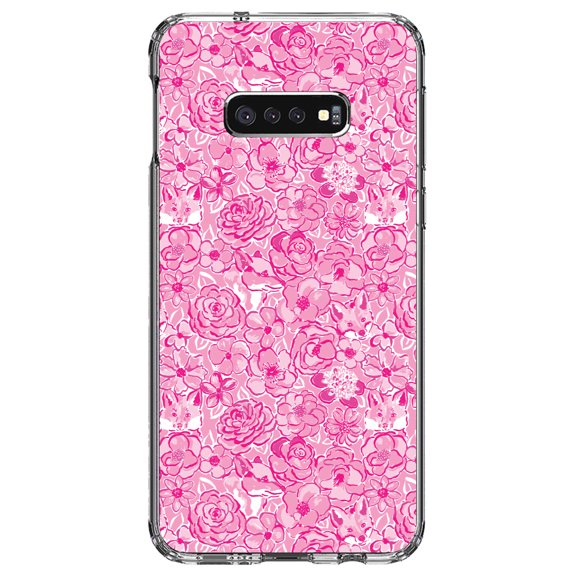 DistinctInk Clear Shockproof Hybrid Case for Samsung Galaxy S10e (5.8" Screen) - TPU Bumper, Acrylic Back, Tempered Glass Screen Protector - Preppy Pattern - Pink & White Flowers Floral