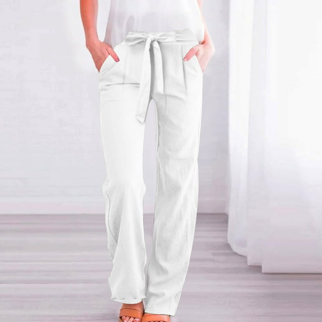 TIMIFIS Lounges Pants for Women Linen Wide Leg Comfy Pants Solid Color Lightweight Summer Casual Loose Drawstring Waist Trousers with Pockets - Spring/Summer