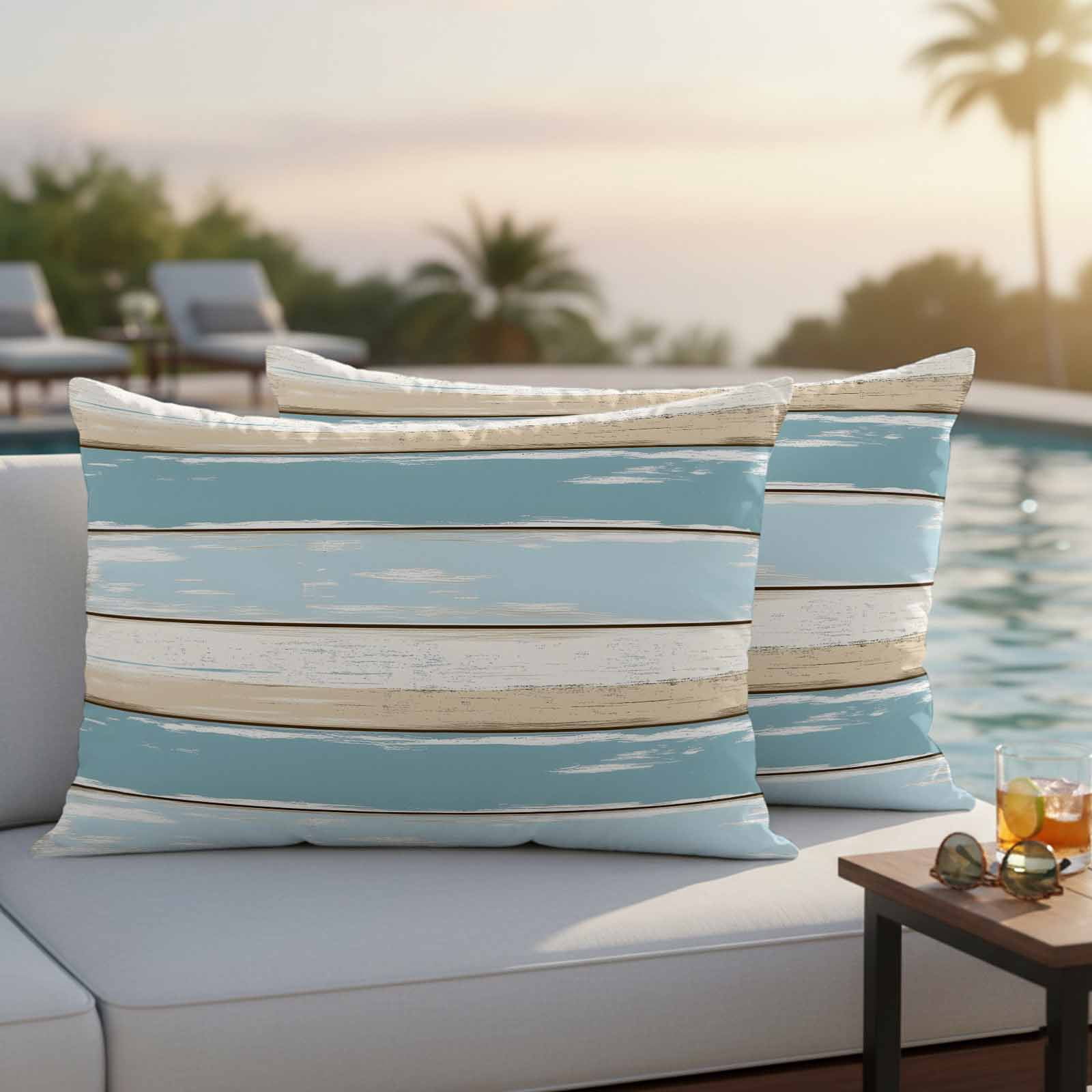 Blue Beige Wood Grain Pillow Covers 2 Pack Vintage Board Pillowcase Waterproof Outdoor Throw Pillow Cover for Patio Balcony Rectangular Cushion 20”x12”