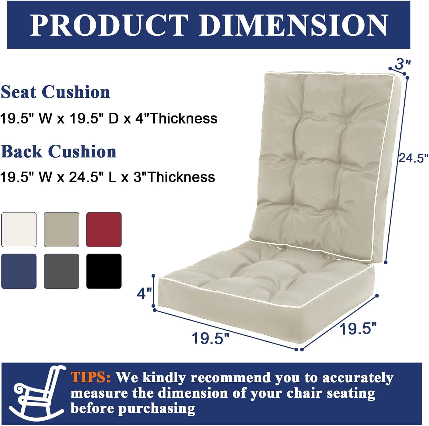 Findosom Outdoor Chair Cushion Set of 2,Square Waterproof Patio Seat Chair Cushions with Ties,Fade Resistant Outdoor Deep Seat Cushions for Outdoor Furniture,Dining Chair Pads,Beige