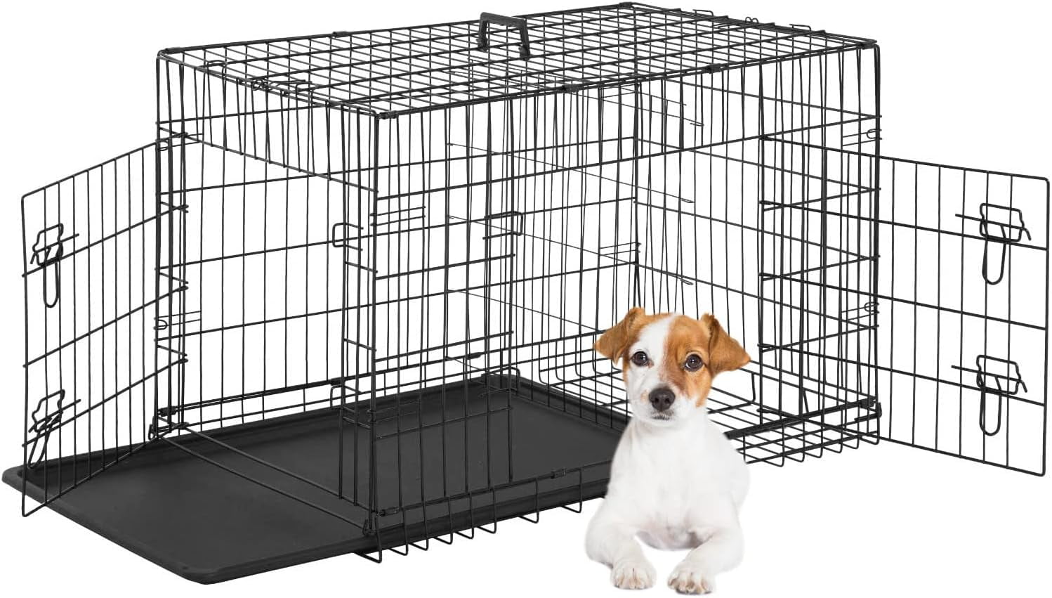 FDW 24 inch Foldable Metal Dog Crate for Small Dogs, Double Door, Divider, Removable Tray(Black)