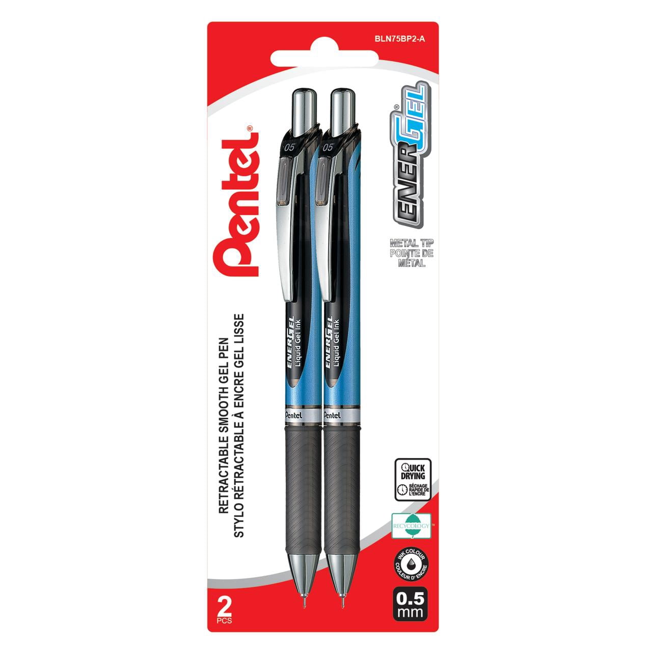 EnerGel Retractable Liquid Gel Pen, (0.5mm) Needle Tip, Black Ink, 2PC Pack