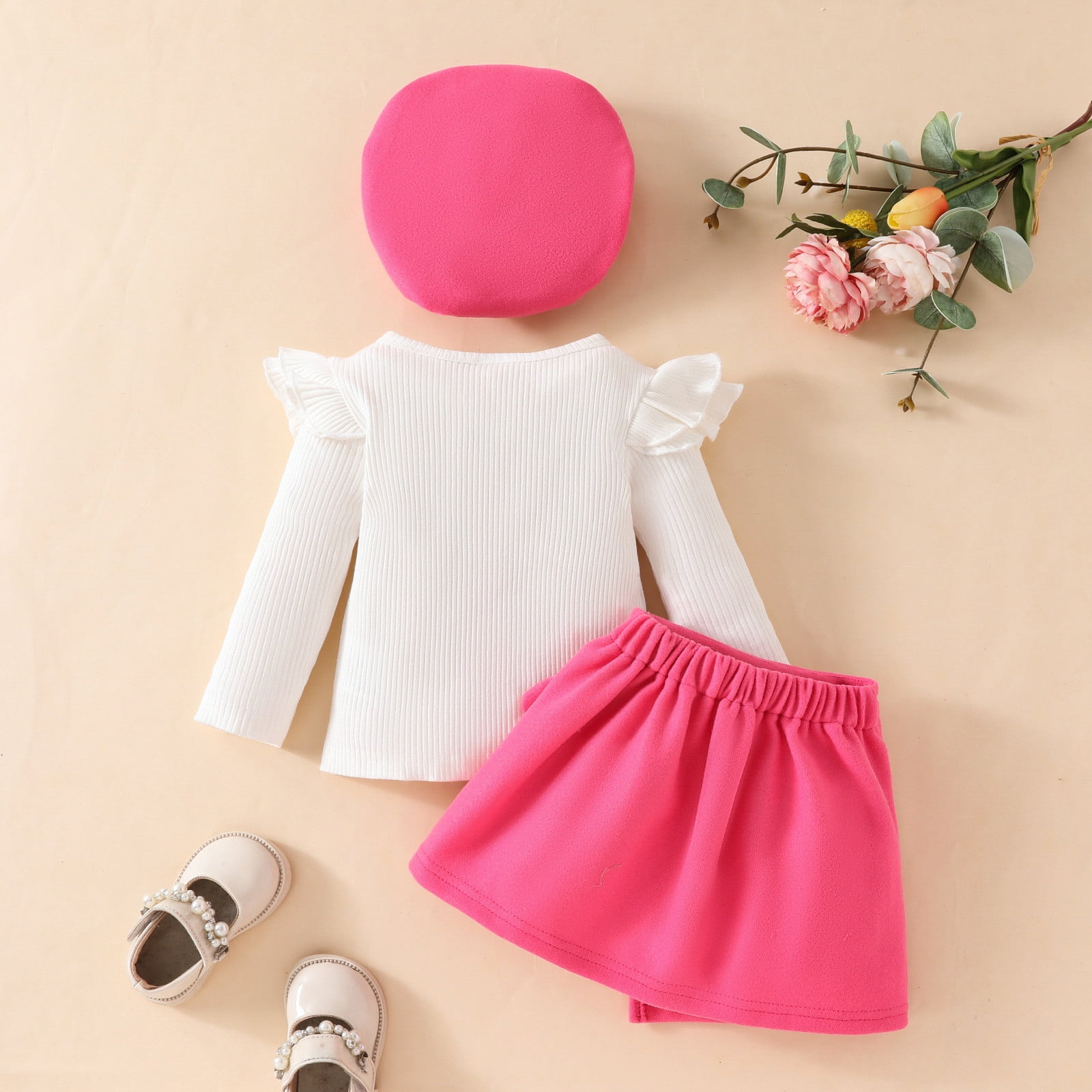 Toddler Christmas Outfits for Girls Long Sleeve Bowknot Ribbed Top Fall Winter Short Dress and Hat Three Piece Set,Z5-RD2,12-18 Months