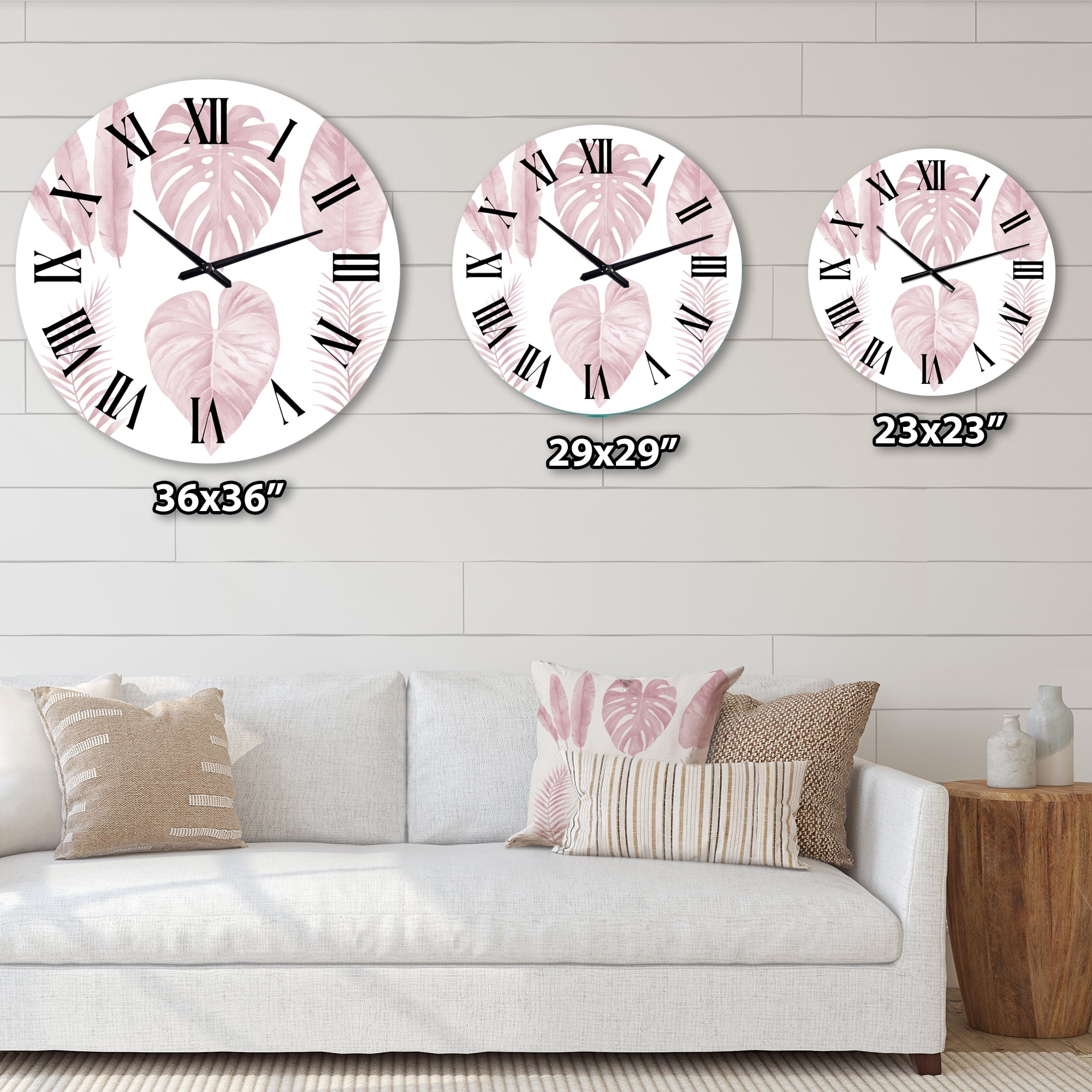 Designart 'Tropical Pink Watercolour Leaves I' Shabby Chic Wall Clock