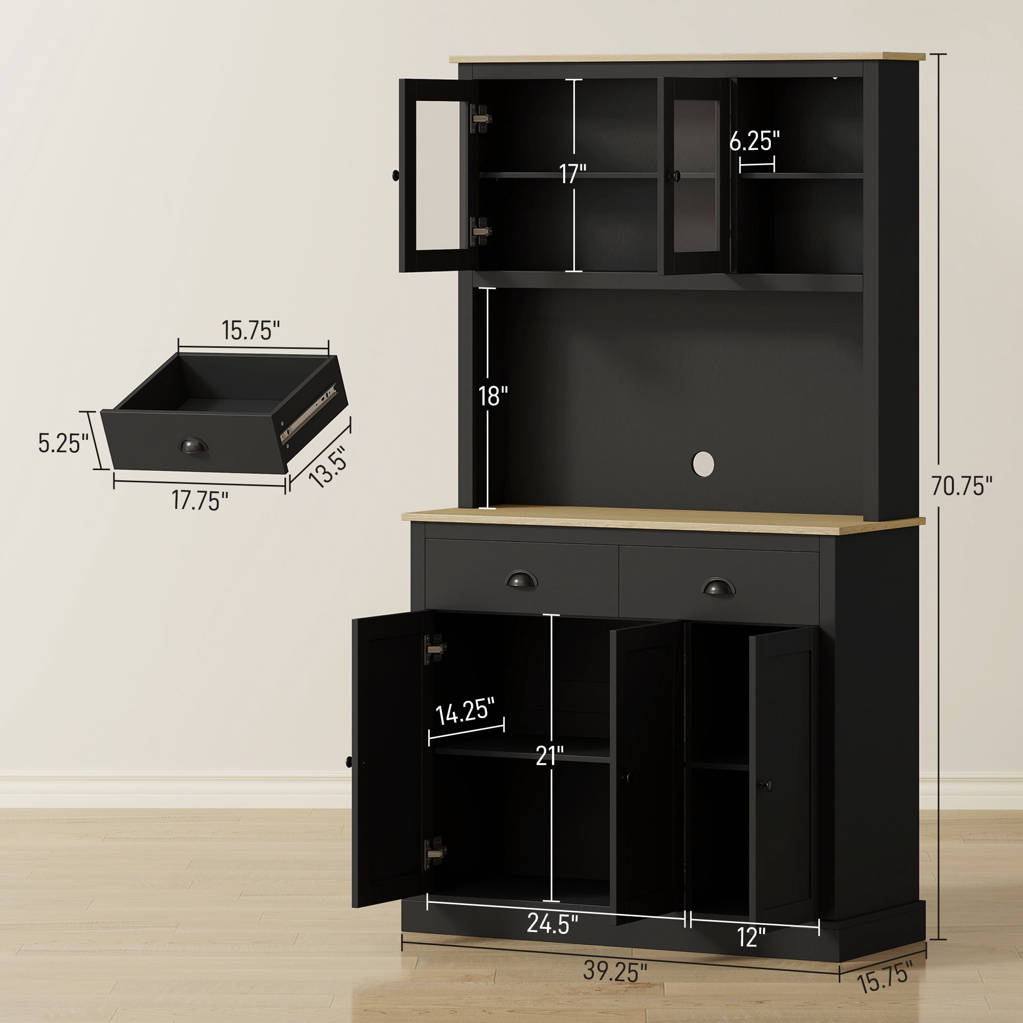 HOMCOM Freestanding Kitchen Cabinet with Wide Countertop, Tall Pantry Cabinet with Adjustable Shelves, Modern Hutch for Dining Room, Black