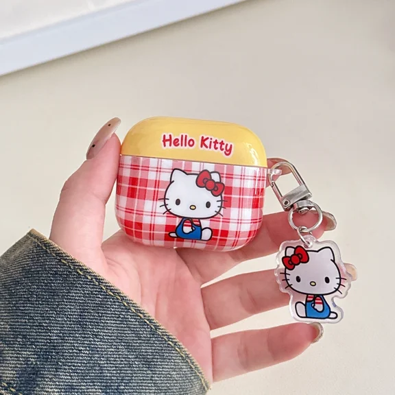 Sanrio Hello Kitty Cute Grid Earphone Case For Airpods 4 1 2 3 Pro 2 3 Wireless Bluetooth Headset Protective Cover With Pendant