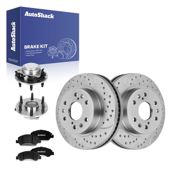 AutoShack Front Vented Drilled & Slotted Silver Zinc Coated Brake Rotors   Ceramic Pads   Hub Bearing Assembly 8-PC Brake Kit Replacement for 2015-2020 GMC Yukon SilverShield Pro 12.99" (329.9 mm)
