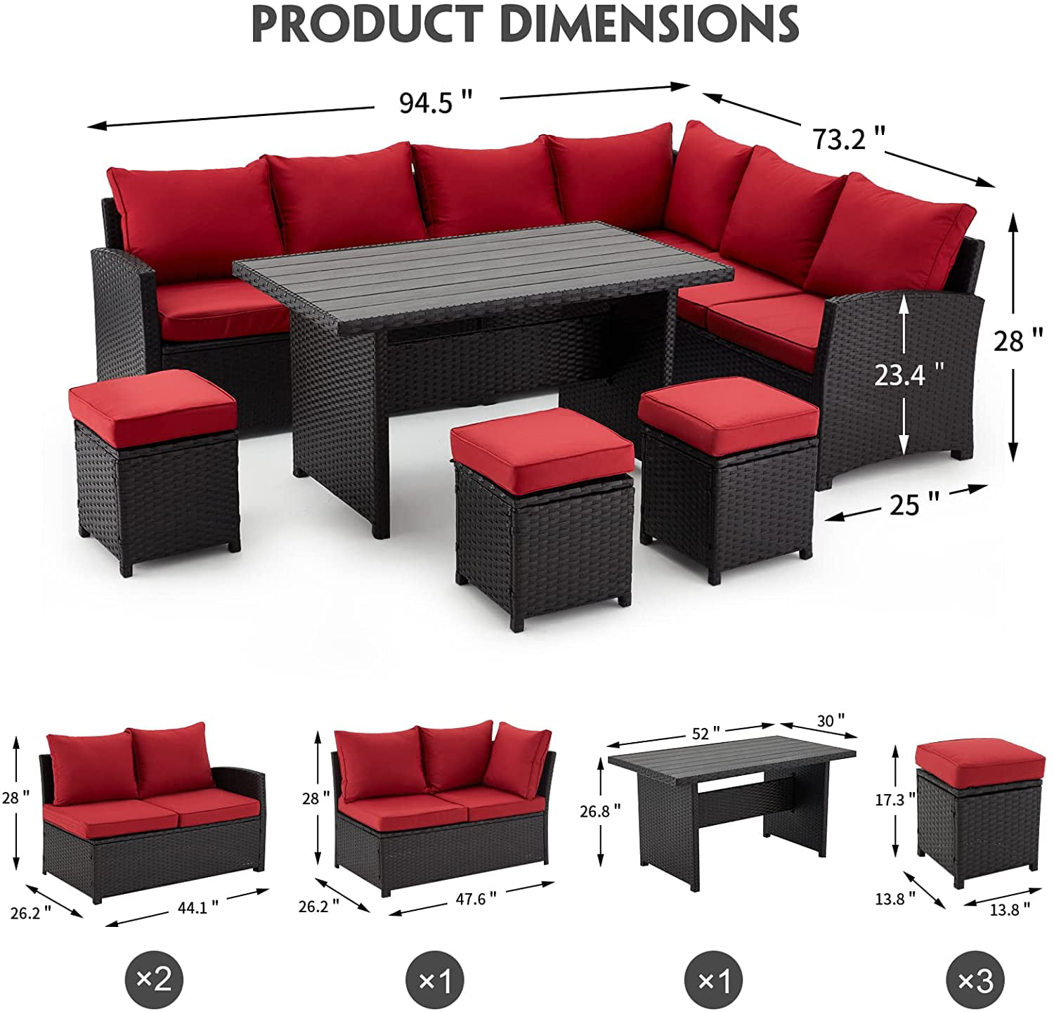 Red VICTONE 7 Pieces Patio Furniture Sets All-Weather Sectional Sofa Wicker Rattan Patio Conversation Set with Chairs and Glass Table 